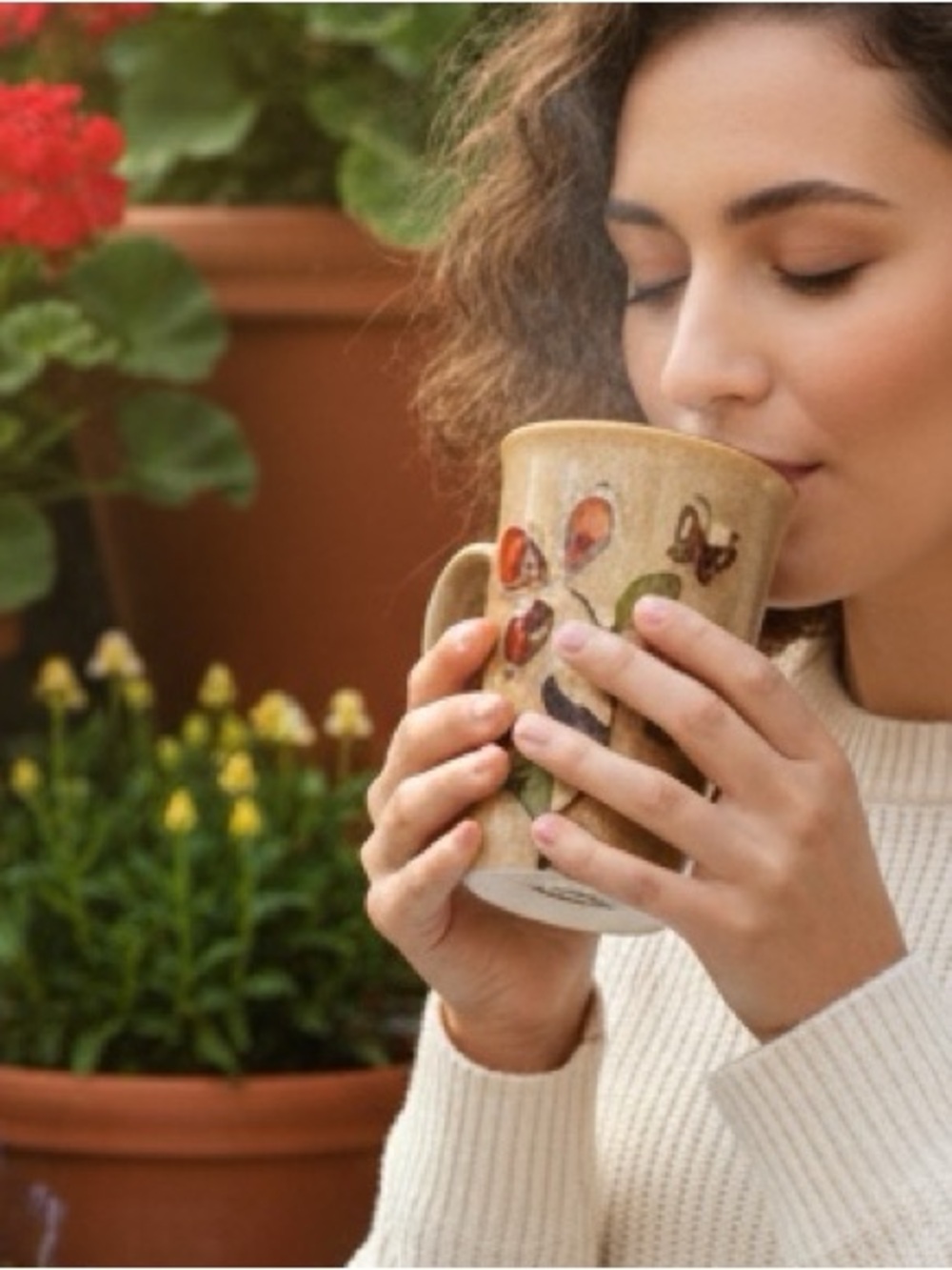 👛 (ANY 2/$20) BLUE Harbor hand-Painted Floral Ceramic Mug, Tan 16 oz. Capacity